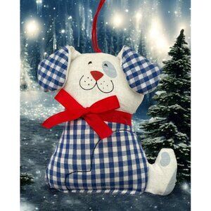 Vintage Hallmark Blue Gingham Puppy Dog Christmas Tree Ornament with Red Ribbon